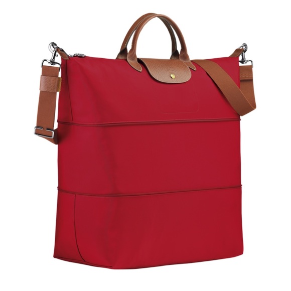 Longchamp Le Pliage Original Expandable Tote Travel Bag NWT Red Leather - Picture 5 of 16